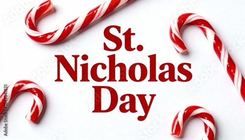 St. Nicholas Day Holiday Illustration with Bold Red Serif Lettering and Candy Canes on White Background – Festive Winter Greeting Card, Posters, Children’s Holiday Graphics, Seasonal Decorations.