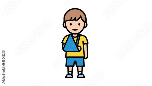 Young boy with arm sling smiling in casual clothing on white background  