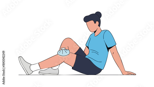 Young person sitting with ice pack on knee for injury recovery, concept of Medicine  