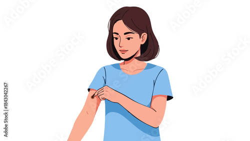Young woman checking skin mole on her arm in a neutral background  