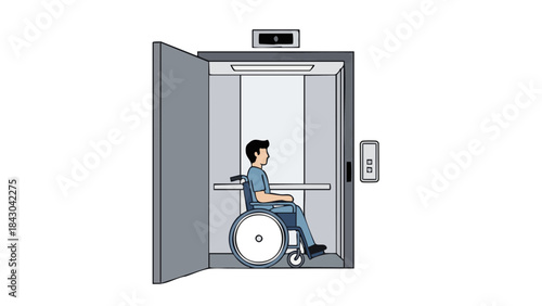 Man in wheelchair entering an elevator in a modern building  
