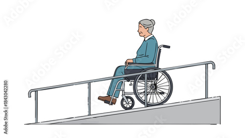 Senior woman in wheelchair going down ramp, concept of Medicine  