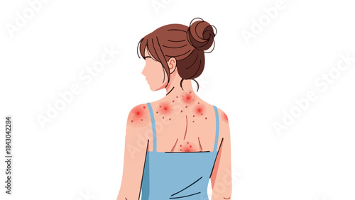 Woman with rash on back showing skin condition in a clinical illustration  