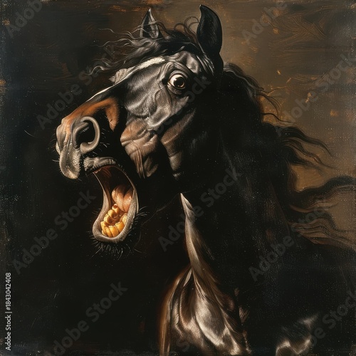 Terrified horse with screaming expression illuminated by dramatic light in a dark setting