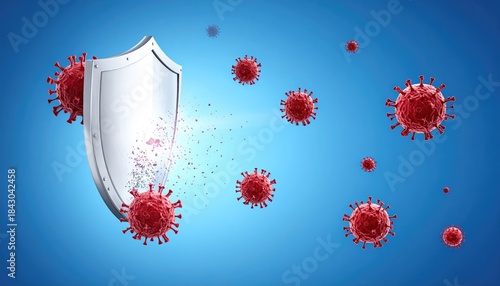 A symbolic representation of the immune system's shield repelling and neutralizing harmful pathogens, evoking a sense of protection and scientific innovation. 