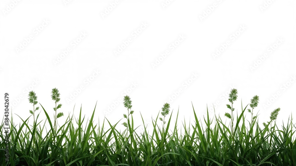 Fototapeta premium Green grass plants with seed heads on a white background.