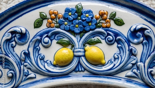 Illustration of decorative ceramic plate with blue floral design and lemons on white background