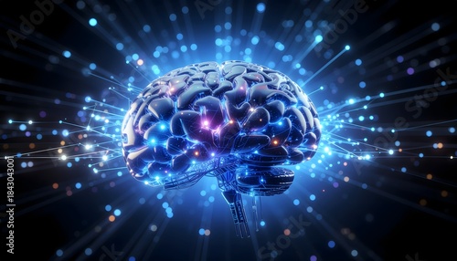 Illustration of a glowing blue brain with vibrant lights and sparks on a dark background representing intelligence and innovation