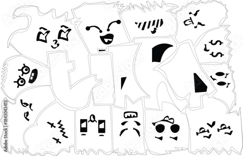 Pile of Cartoon Faces with Various Expressions.