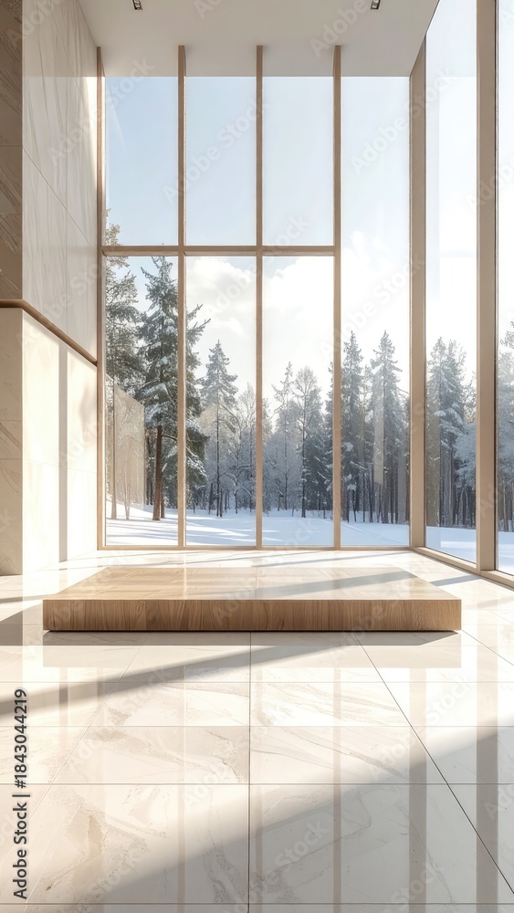 Fototapeta premium Minimalist Interior with Large Windows Overlooking Snowy Forest - Modern Architecture and Natural Light