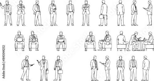 Top view cad drawing set for architectural projects, executive men standing and sitting, editable line vector
