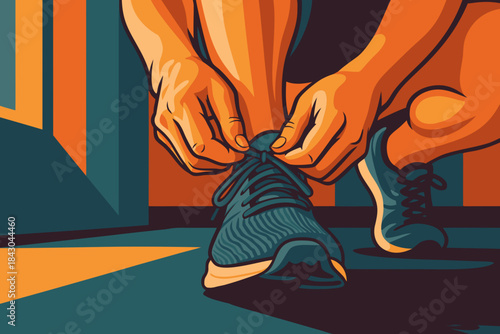 Athlete Tying Running Shoe Laces Before Workout, Dynamic Sports and Fitness Illustration
