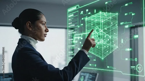 Professional Woman Interacting with Futuristic Holographic Display Showing Complex Data and 3D Model in Modern Office Environment