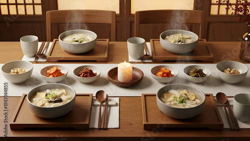 Wallpaper Mural Korean seollal table setting features tteokguk soup, kimchi, and candle on wooden table, creating warm and inviting atmosphere for traditional new year celebration. Torontodigital.ca