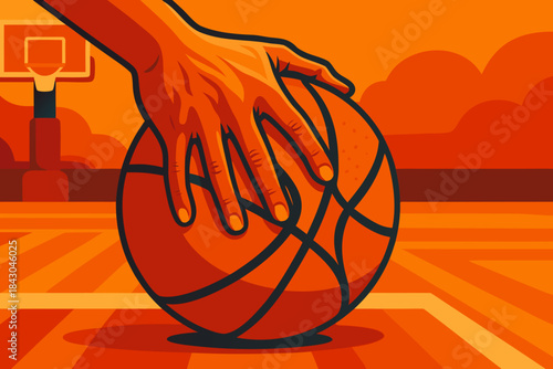 Basketball Player Hand Dribbling Ball on Court at Sunset, Bold Sports Action Illustration
