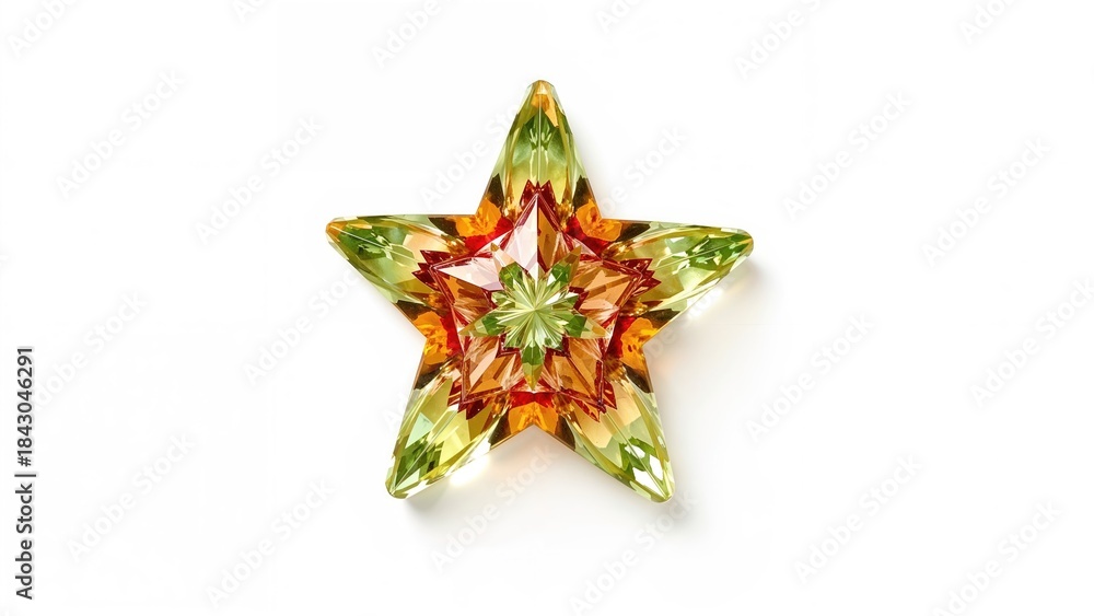 Fototapeta premium Star-shaped glass ornament with intricate multicolored patterns and a central green flower design.