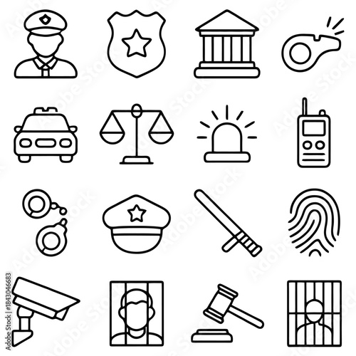 Icons of Law and Justice: A collection of simple, yet bold, icons representing various aspects of law enforcement, justice, and the legal system.