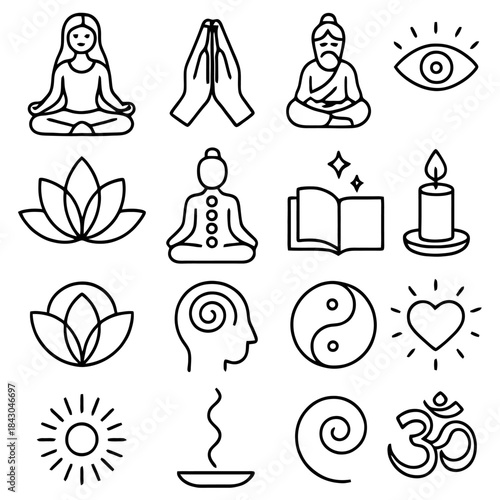 Serene Mindset:  A collection of artistic symbols, reflecting inner peace and the journey of self-discovery through meditation, and the elements of tranquility.