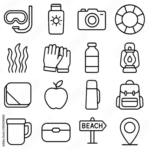 Summer Essentials Icon Array: A collection of summer icons are arranged, including a snorkeling mask, sunscreen, camera, life buoy, seaweed, gloves, bottle, lantern, towel, apple, thermos, backpack.