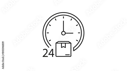 Vector icon of 24-hour express delivery, featuring a clock and package. Symbolizes fast shipping, efficient logistics, and timely order fulfillment for e-commerce and modern business
