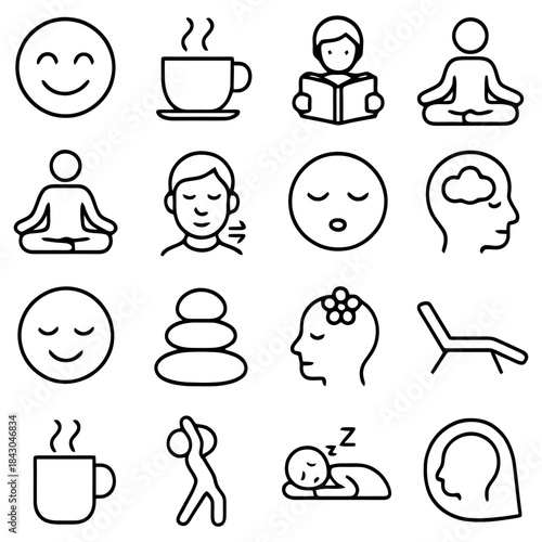 Mindful Moments: An array of simple line drawings portrays scenes of calm, self-care, and mental well-being, evoking feelings of serenity and introspection. 