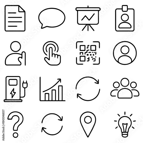 Modern Business Icons: A collection of meticulously crafted, minimalist icons representing various aspects of modern business, innovation, and technological advancement.