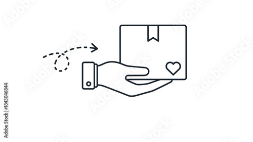Illustrated hand delivering a carefully packaged gift box with a heart symbol, representing thoughtful service and secure shipment, ideal for e-commerce and customer care concepts