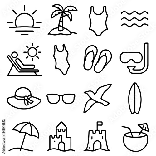 Sunshine Daydream: A collection of beach icons including sun, palm tree, swimsuit, waves, person, flip-flops, scuba mask, hat, sunglasses, seagull, surfboard, parasol, sandcastle, and coconut drink.
