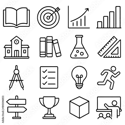 Knowledge in icons: A comprehensive collection of iconic symbols representing the building blocks of knowledge, including books, targets, and insightful ideas.