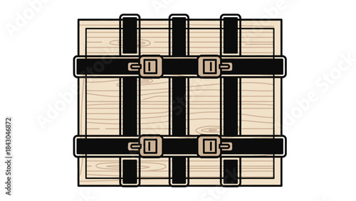 Wooden crate with reinforced straps and buckles, conceptual illustration of secure storage or shipping