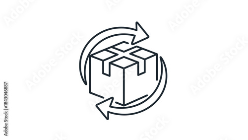 Icon symbolizing product return and exchange, depicting a box with circular arrows indicating movement and logistics