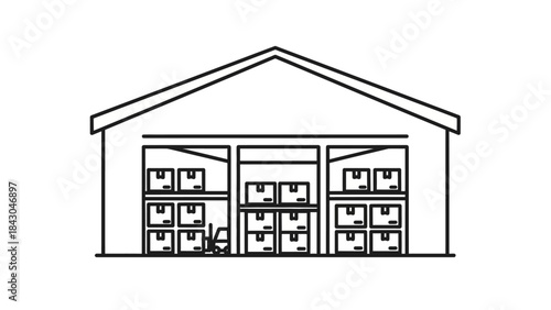 Simple black line vector icon depicting a warehouse facility with shelves, inventory boxes, and a forklift, symbolizing efficient storage and distribution