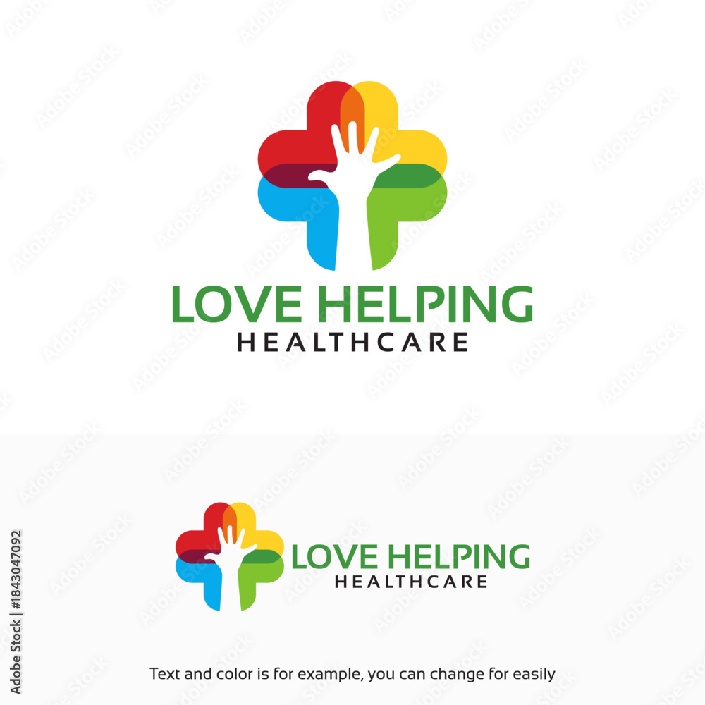 Obraz premium Love Helping Healthcare Logo with Colorful Cross and Hand Symbol.