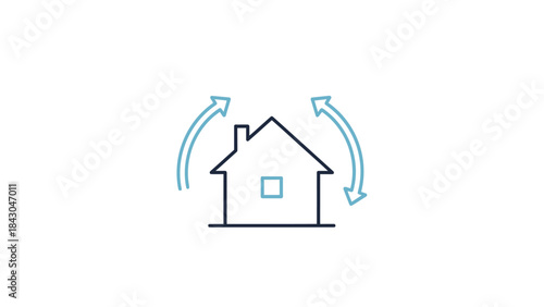 Modern vector icon of a house with circular arrows, symbolizing dynamic property management, real estate renovation, efficient home improvement, or housing market cycle concepts