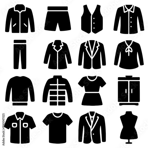 Fashion Icons: An array of garment icons, meticulously crafted in bold, graphic simplicity, offering a versatile resource for fashion and style projects, ready to dress up creative ventures