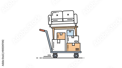 Vector illustration showing a hand truck with stacked moving boxes and a sofa, representing efficient household relocation, furniture delivery, and streamlined moving processes