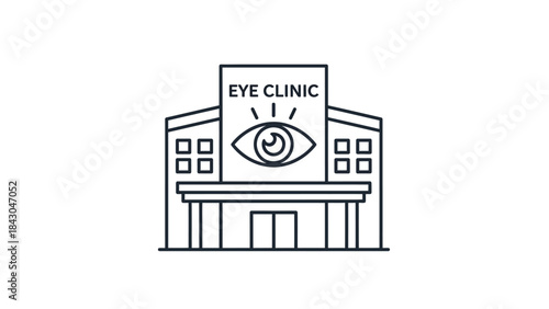 Vector line art depicting an eye clinic building, symbolizing vision health, optical services, and professional ophthalmology care with a prominent eye graphic