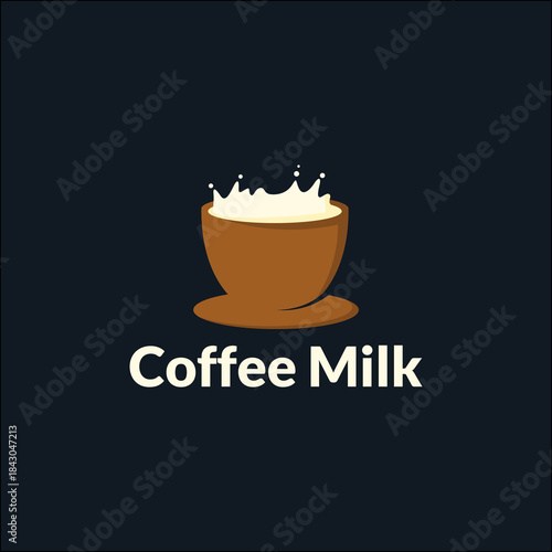 A brown coffee cup with splashing milk inside and the words Coffee Milk below.