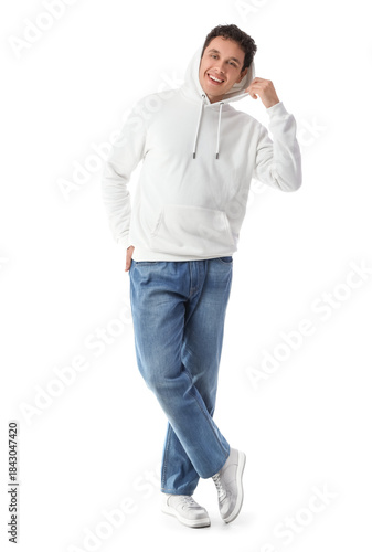 Young man in hoodie on whit...