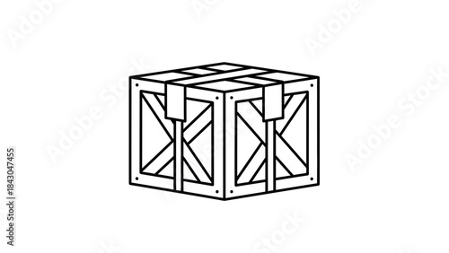 Wooden Crate Icon: A simple line art illustration of a sturdy wooden crate, a symbol of packaging, storage, and transport. The design evokes notions of industry, shipping, and the movement of goods.