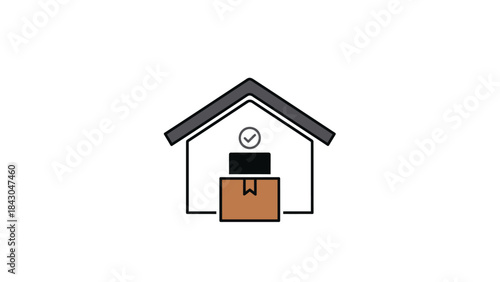 Warehouse Delivery: A simple illustration of a warehouse, a parcel, and a confirmation, symbolizing efficient and reliable delivery service.