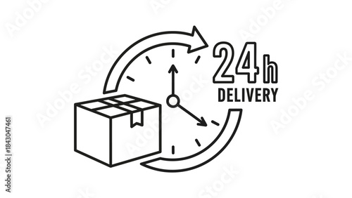 Swift Delivery: A minimalist illustration captures the essence of efficient shipping, showcasing a parcel encircled by a clock face and a 24h Delivery message, symbolizing speed and reliability.
