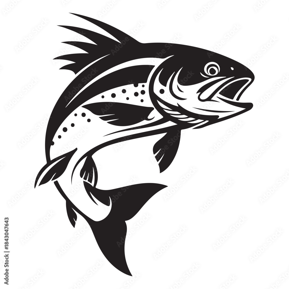 Naklejka premium Jumping Trout Fish Icon - Black and White Vector Illustration