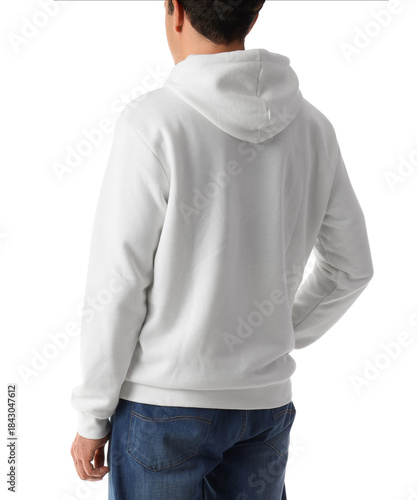 Young man in hoodie on whit...
