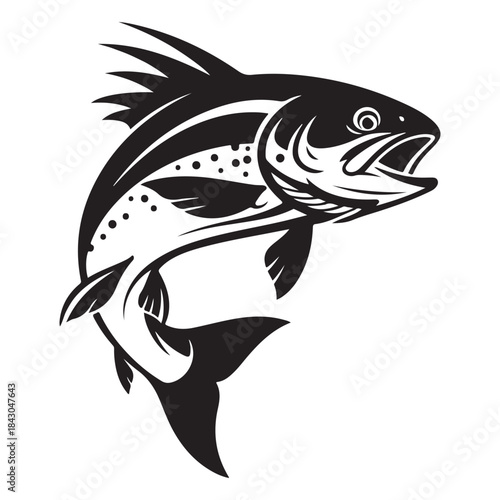 Jumping Trout Fish Icon - Black and White Vector Illustration