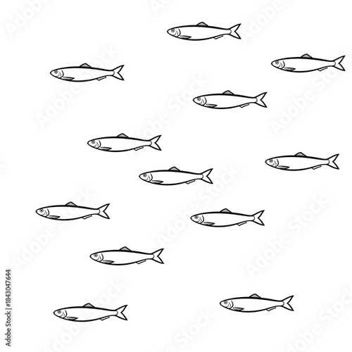 School of Small Silver Fish Swimming in Formation, Simplified Illustration