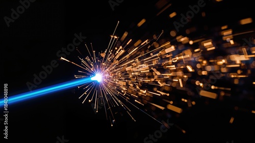 A spark explosion with bright light and streaks of sparks flying outward in darkness.