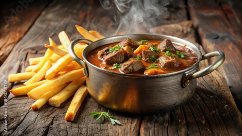 Cozy Belgian beef stew in a rustic vintage pot with steaming hot golden French fries on the side, french fries