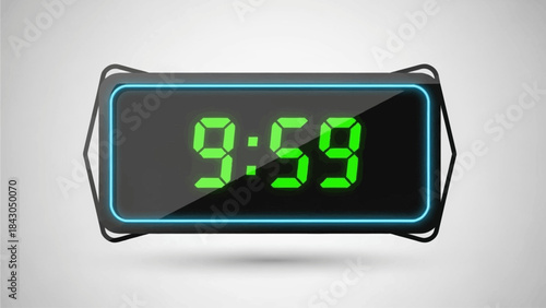 Modern digital clock displaying 9:59 with neon green numbers