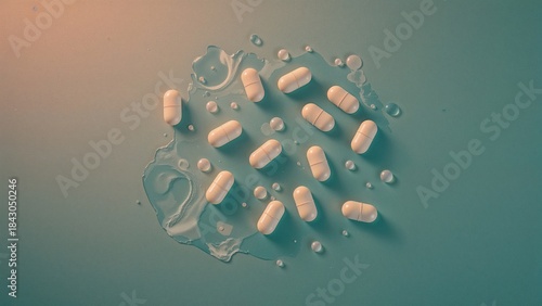 White pills scattered on a surface with water drops, creating an abstract scene.